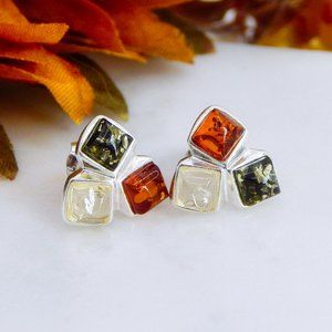 Natural Baltic Amber Tricolor Earrings in 925 Silver